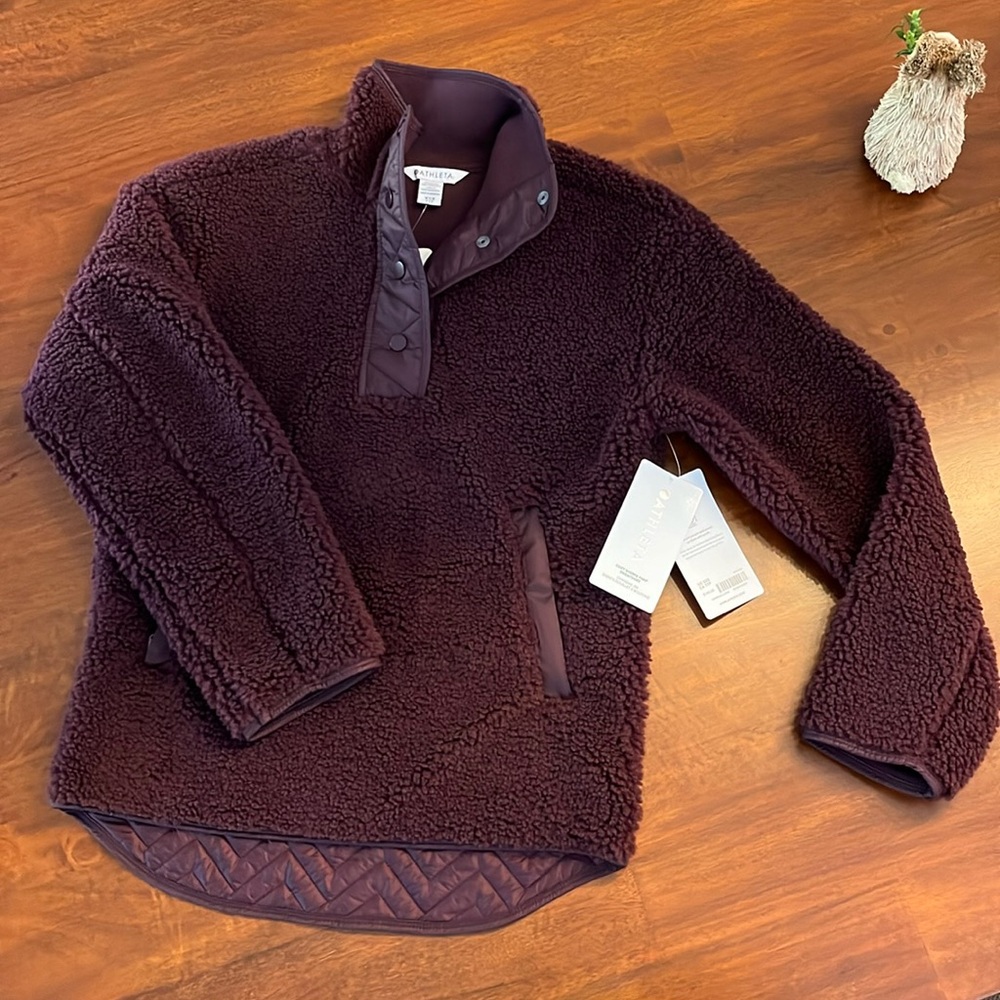 NWT Athleta Cozy Sherpa Snap Sweatshirt in Spiced Cabernet, sz XXS fits like XS - Picture 2 of 9
